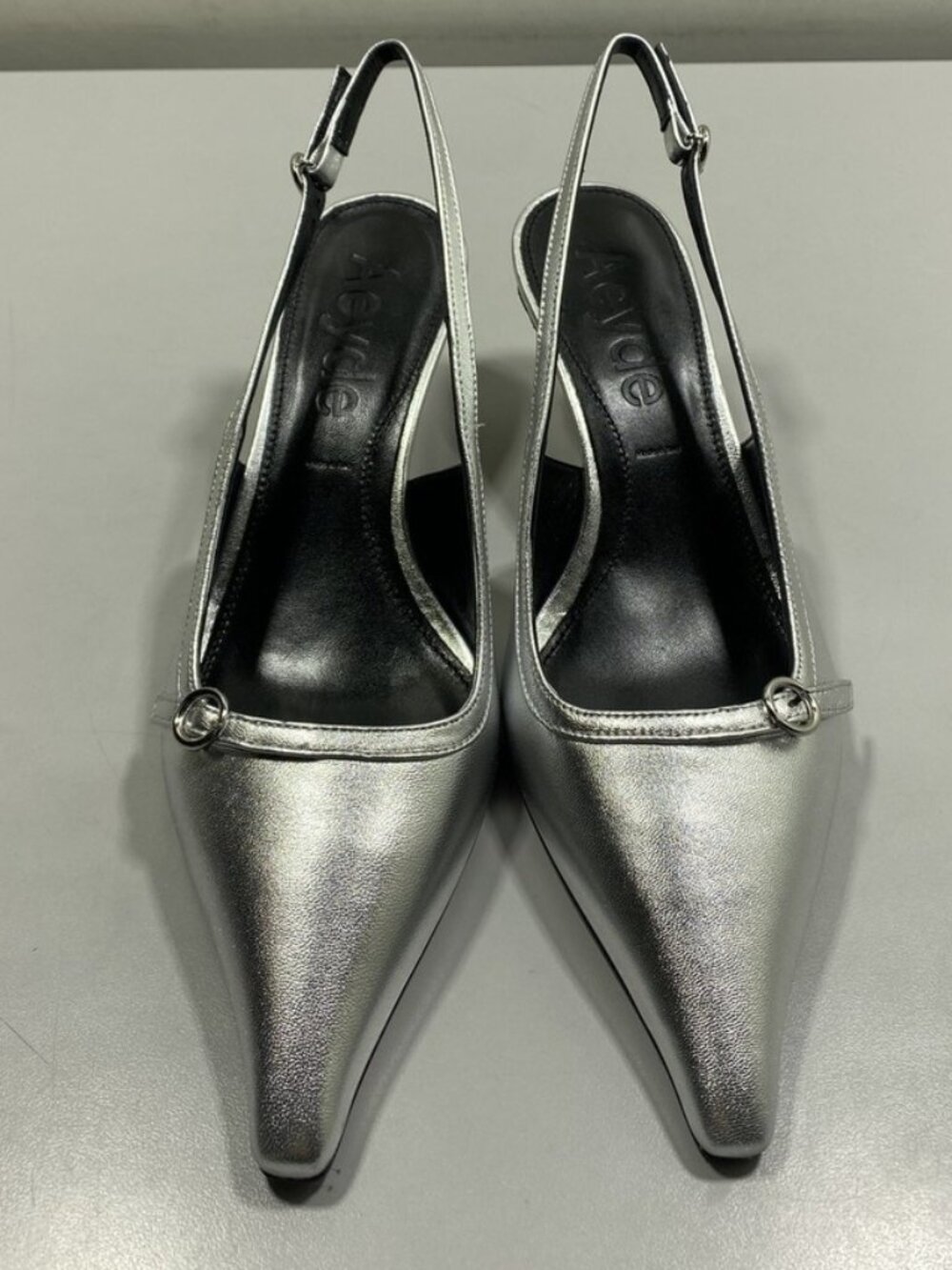 Aeyde Womens Saba Slingback Pumps Size 8 Pointed Toe Adjustable Strap Silver NWB